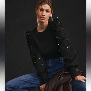 Anthropologie Black Puff Sleeve Top